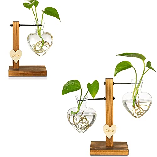 Kingbuy Glass Planters Terrarium with Rotating Frame for Indoor Plants, 3 Heart-Shaped Vases with 2 Wooden Stand, Plant Lover Gifts