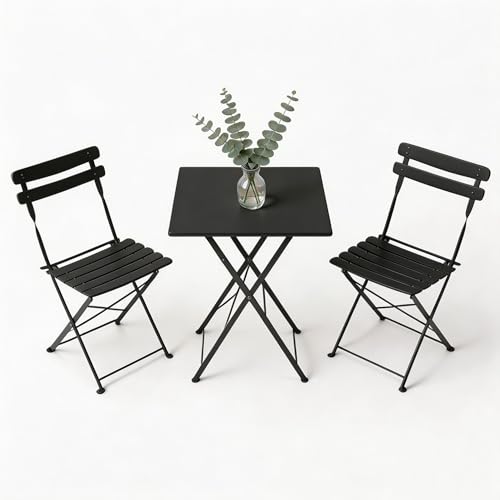 GarveeHome 3 Piece Foldable Patio Bistro Set, Outdoor/Indoor Metal Table and Chairs Furniture, Compact Square Table with 2 Folding Chairs for Balcony, Porch, Garden, Apartment, Small Space, Black - color: Black, size: 3-Piece (Square Table)
