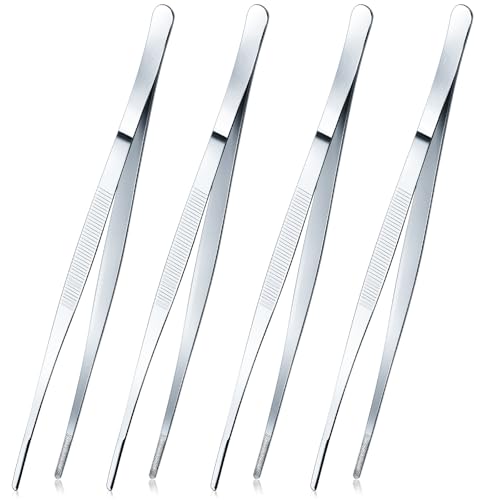 Yaomiao 4 Packs 10 Inch Bar Tweezers silver Multi-use Cocktail Tongs | Long Garnish Tweezers Stainless Steel Bartender Kitchen Cooking Tongs for Cocktail Food Fruit Korean BBQ Bartender Chef - color: Silver, size: 10 Inch