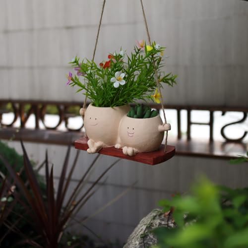 Dolkgy Hanging Planter Swinging Face Planters, Unique Head Flower Pots for Indoor Outdoor Plants, Cute Face Vase Funny Fence Wall Planter Succulent Pots - color: Khaki