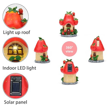Solar Fairy Garden Houses - Fairy Outdoor Decor Strawberry Houses with Solar Light for Patio Balcony Yard,Lawn Ornament Perfect Garden Gift