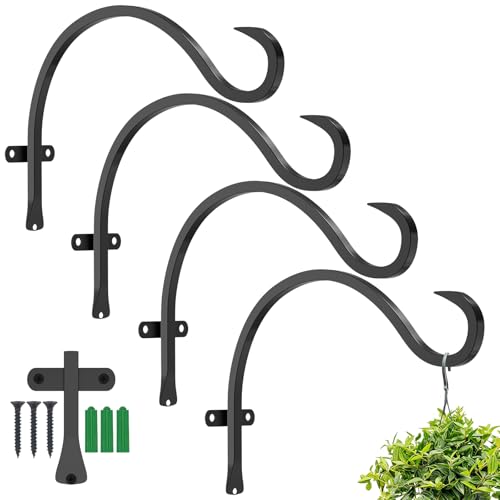 GameXcel 12 Inch Heavy Duty Plant Hanger Bracket (4 Pack) - 44 lbs Black Iron Wall Hooks for Hanging Outdoor Indoor Plants, Bird Feeders, Lanterns, Wind Chimes, Flower Baskets with Mounting Hardware - size: 4 Pieces