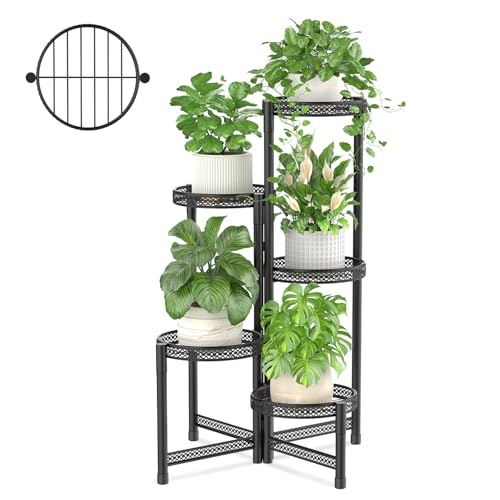 iDavosic.ly Plant Stand Indoor Outdoor, 5 Tier Iron Corner Shelf, Black | Tiered Tall Flower Display Holder, Folding Multi Orchid Rack for Patio Balcony Porch Garden, Easy to Assemble, Drainage - color: Black Openwork (with Drainage), size: 5 Tiers