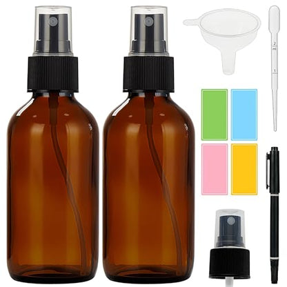 Dark Amber Glass Spray Bottles 4 oz, Small, Fine Mist, 2 Pack | For Essential Oils, Facial Care, Hair Care, Perfumes, Plants, Room Sprays, Travel, Cleaning Solutions