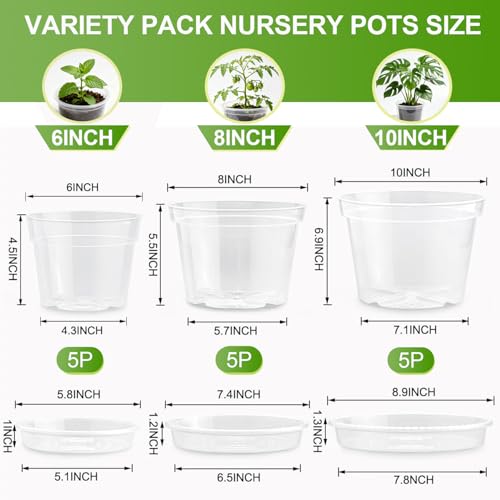 6/8/10 Inch Clear Nursery Pots with Saucers and 15 Pack Plant Labels,Transparent Plastic Plant Pots with Drainage Holes,Sturdy Seed Starter Pots for Succulents,Herbs,Flowers,Indoor Outdoor Plants - size: 6+8+10 Inch