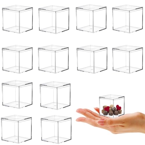 KissYou Acrylic Box Small Clear Boxes with Lid 12 Packs Small Acrylic Candy Box Display Square Cube Wedding Birthday Graduation Party Decorative Boxes - size: 1.77 x 1.77 x 1.77 Inch, style: 12 Pack
