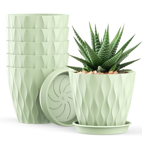 UOUZ 4 Inch Small Pots for Plants, 6 Pack Waffle Texture Small Plant Pots for Succulents, Plastic Planter with Drainage Holes and Saucers for Indoor Outdoor Plants, Flowers, Herbs, Seedlings, Green - color: Green, size: 6-Pack