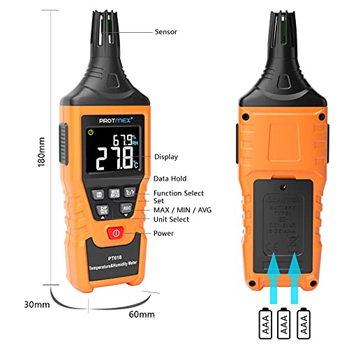 Protmex PT618 Temperature Humidity Meter - Wet Bulb for Indoor/Outdoor | Thermometer Hygrometer Monitor with Ambient, Dew Point, MIN, MAX, Data Hold, LCD Backlight - size: PT618
