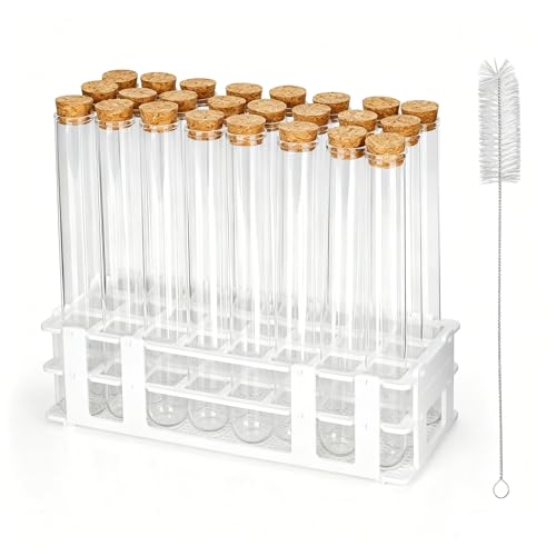 24 Pcs Glass Test Tubes 80ml, 25 x 200mm, Round Bottom | with Tube Rack and Cork, Clear Test Tubes, Glass Lab Tube for Plants, Decorations, Experiments