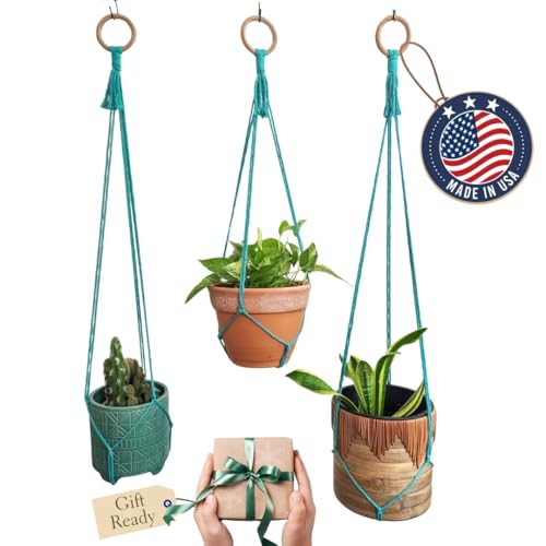 Set of 3 Macrame plant hanger for pots 4-10” live plants indoor and outdoor decor hanging plant holder Boho décor Plant stand Indoor plant shelf for Hanging planter for plant pots (Ocean Teal) - color: Ocean Teal