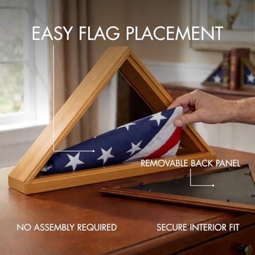 Bey-Berk Custom Personalized Solid Wood Triangle Glass Front Flag Display Case (Oak) - color: Oak