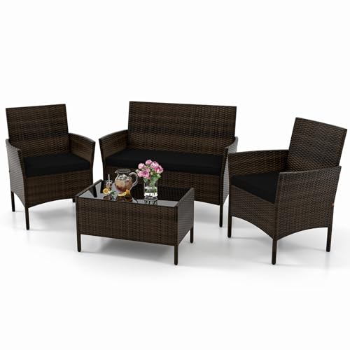KOTEK 4 Piece Patio Furniture Set, Outdoor Rattan Conversation Set with Loveseat, Wicker Chairs, Tempered Glass Coffee Table, Wicker Patio Set for Backyard, Porch (Black) - color: Black