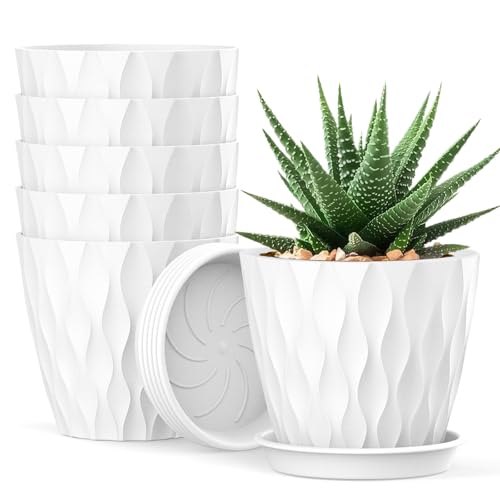 UOUZ 4 Inch Small Pots for Plants, 6 Pack Waffle Texture Small Plant Pots for Succulents, Plastic Planter with Drainage Holes and Saucers for Indoor Outdoor Plants, Flowers, Herbs, Seedlings, White - color: White, size: 6-Pack