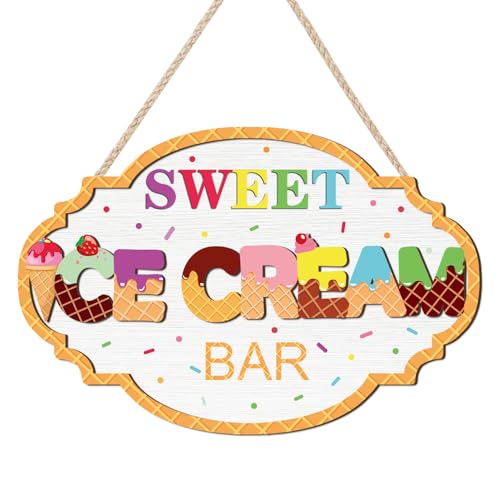 HOURIA Colorful 3D Ice Cream Summer Wooden Sign (11.4”x7.5”), Vintage Sweet Ice Cream Bar Sign Hanging Plaque,Sweet Summer Themed Wall Decor for Birthday Party Shop Holiday Home Decor - color: Ice Cream Sign