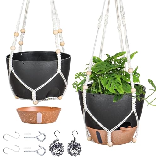 10 Inch Hanging Planters for Indoor Plants, 2 Pack, Self Watering, Black | Hanging Baskets Flower Pot with Drainage Hole, Visual Reservoir, Metal Chain & Macrame Plant Hangers for Outdoor Garden Decor - color: Black, size: 10 Inch