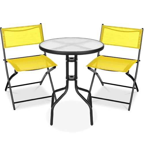 Best Choice Products 3-Piece Patio Bistro Dining Furniture Set w/Textured Glass Tabletop, 2 Steel Folding Chairs, Polyester Fabric - Yellow - color: Yellow