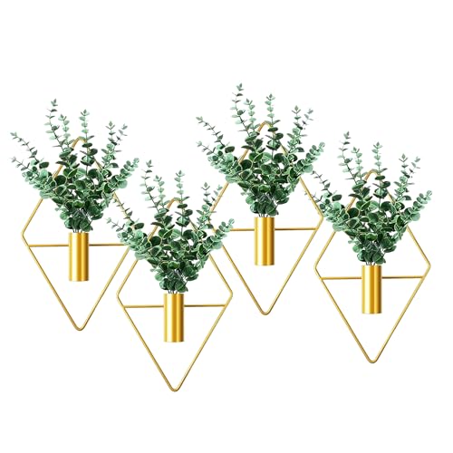 2 Pack Gold Wall Decor Hanging Planters with Artificial Plants Metal Hanging Vase Indoor Plants Holder Modern Boho Wall Art for Bathroom Bedroom Living Room Office (Gold, Eucalyptus) - color: Gold