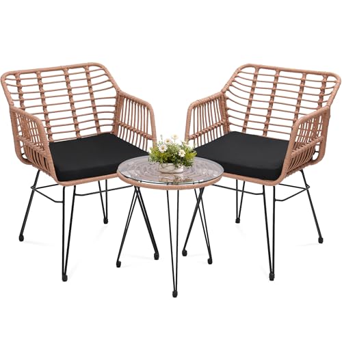 KROFEM 3 Piece Wicker Patio Bistro Furniture Set, Natural - color: Natural, size: 3 PCS