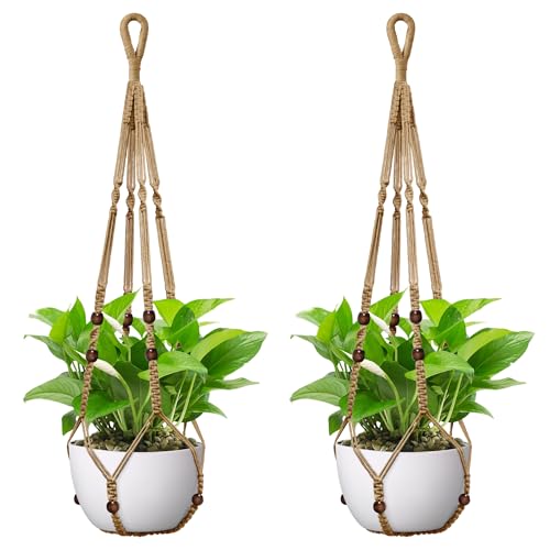 USLAI Macrame Plant Hanger, for Up to 15 Inch Pots, 35 Inch, Brown, 2 Pack - color: Brown