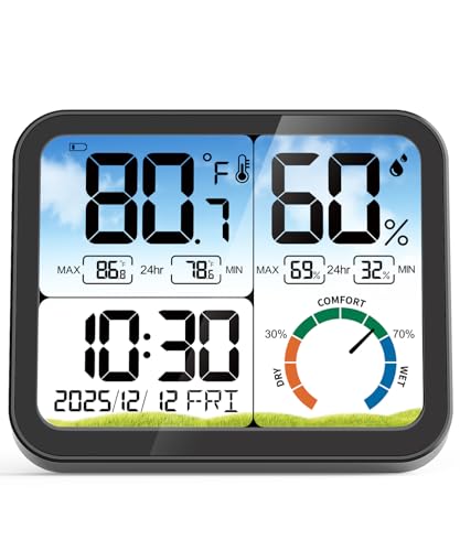 5.8'' Digital Indoor Thermometer Hygrometer, Temp Humidity Monitor & Clock - color: Black