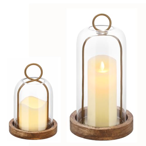Set of 2 Versatile Vintage Brass Metal Candle Holder with Handmade Sturdy Glass Dome and Natural Wooden Base for Pillar Candle & Plants, Industrial, Farmhouse, Shabby Chic, Display Cloche Bell Jars - color: Brass, size: Set of 2