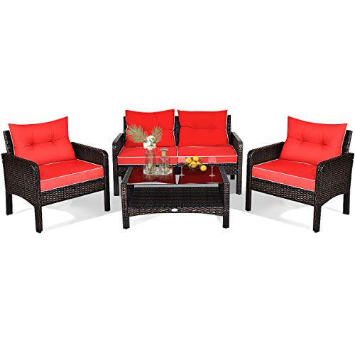 HAPPYGRILL 4-Piece Patio Furniture Set Outdoor Rattan Wicker Sofa Set with Cushions & Coffee Table, Conversation Sofa Set with Tempered Glass Table Top and Storage Shelf - color: Red