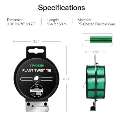 VIVOSUN Twist Ties, 164 ft (50m) PE-Coated Green Plant Ties with Cutter, Reusable & Flexible Tomate Ties for Plant Support, Indoor Outdoor Gardening, Cable Management, Home Office Organization | Reusable & Flexible Tomate Ties for Plant Support, Indoor Ou