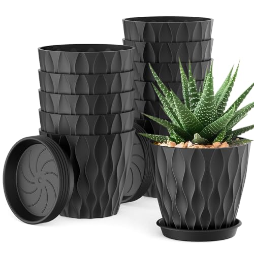 UOUZ 12 Pack 4 Inch Small Plant Pots with Saucers, Waffle Texture Plastic Planters with Drainage Holes for Indoor and Outdoor Plants, Flowers, Herbs, Succulents, and Seedlings, Black - color: Black, size: 12-Pack