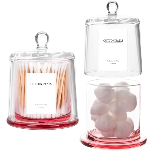 rejomiik Qtip Holder Apothecary Jars with Lid, 2 Pack Thick Glass, Pink | Bathroom Canisters Vanity Organizer for Cotton Balls, Swabs, Candy, Jewelry, Makeup Storage, Bathroom Decor - color: Pink