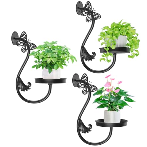 Metal Wall Plant Holder 3Pcs Indoor Outdoor Wall Flower Shelf - color: Black-Butterfly-3Pcs