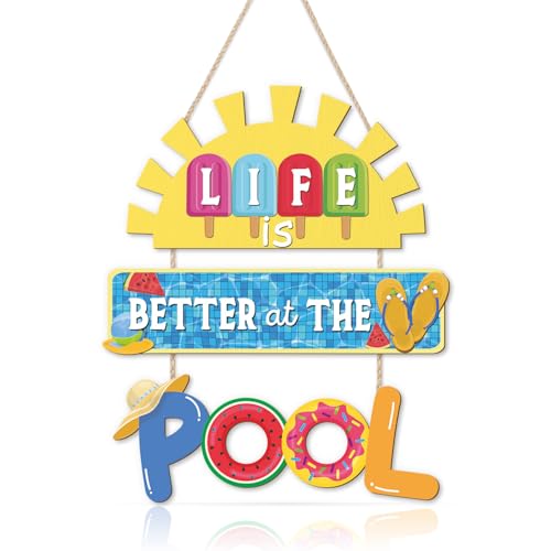 HOURIA Life is Better at The Pool Wood Hanging Sign,11.8 * 13.9 Inch Summer Sunshine Popsicle Swimming Pool Decor,Funny Pool Decorations for Outdoor Beach Party - color: Pool Sign