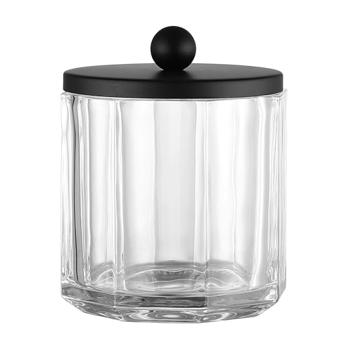 Clear Transparent Apothecary Octagional Shaped Glass Canister Jar With Matte Black Metal Lid Cover for Bathroom Organization, Cotton Balls, Q Tips, and Small Accessories, Bath Storage - color: CLEAR GLASS MATTE BLACK LID