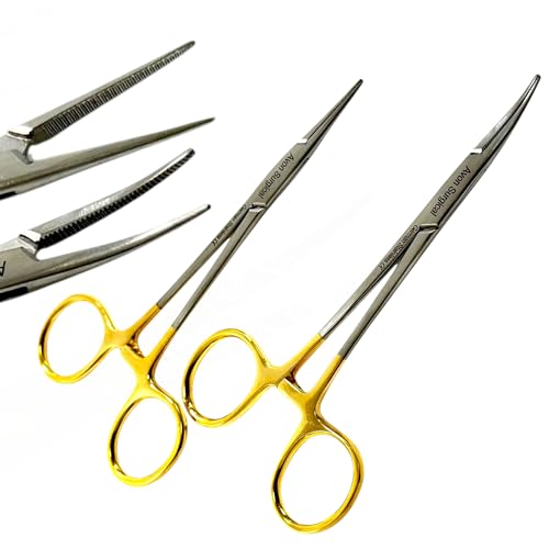 Serrated Jaws Straight + Curved Tip Mosquito Forceps 5 Inches - Gold Color Locking Handle | Autoclave-Safe German Stainless Steel | Multi-Purpose Hemostats | Pack of 2