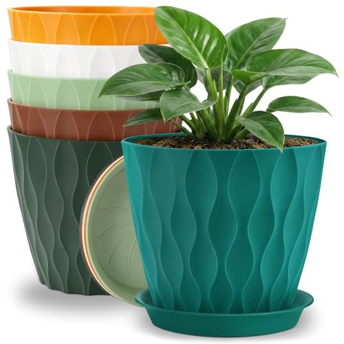 YNNICO 8 inch Plant Pots, 6 Pack Flower Pots Outdoor Indoor, Planters with Drainage Hole and Tray Saucer-Multicolor - color: Multicolor, size: 8 inch-6 pack