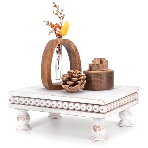 EOSAHR Wood Riser with Beaded: Pedestal Stand for Farmhouse Decor,Whitewash | Pine Wood, Small Display Stand for Plant, Perfume Tray, Bathroom Essentials, Kitchen Decor for Counter, Home Decor Accents - color: Distressed White