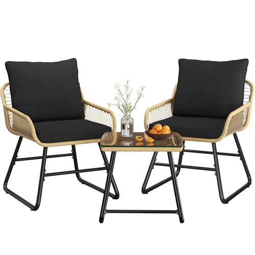 Yaheetech 3 Piece Patio Bistro Set, Outdoor Wicker Bistro Furniture Sets | 2 Rattan Chairs and Glass Top Table for Patio, Balcony, Porch, Poolside, Backyard, Tan/Black - color: Tan/Black, size: 3 PCS