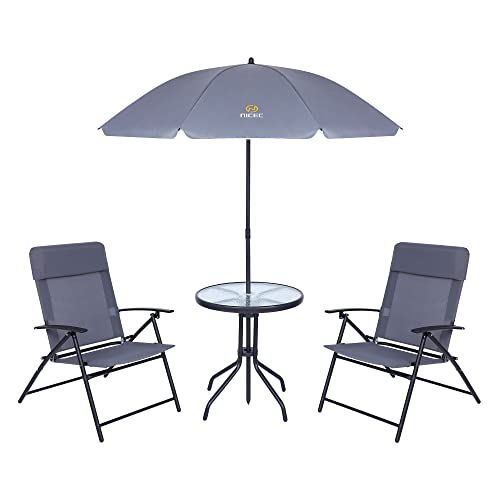 Nice C 4 Piece Patio Furniture Set with Umbrella, Outdoor Dining Set (Grey) | Patio Furniture Set, Patio Table And Chairs, 4-Piece Garden Set, Glass Table, 2 Folding Chairs