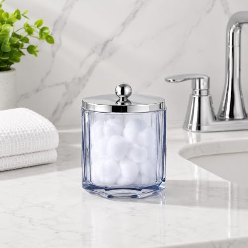 Light Blue Translucent Apothecary Octagional Shaped Glass Canister Jar With Metal Lid Cover for Bathroom Organization, Cotton Balls, Q Tips, and Small Accessories, Bathroom Storage - color: Blue/Silver Lid