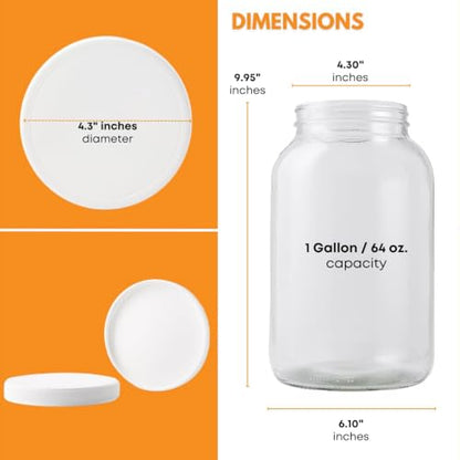 1 Gallon Glass Jar with Lid | Wide Mouth Food Storage and Fermentation Jar | Heavy-duty Glass Jars with Lids for kombucha, pickling and dry goods | Large Glass Jar with Lid has a reusable plastic cap - size: 1 Pack