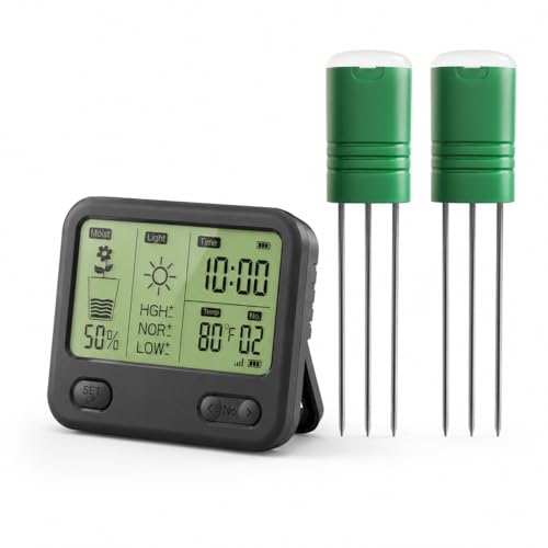 Soil Moisture Meter for Plants, 12-Zone Wireless Plant Water Meter, Soil Thermometer and Light Sensor, 4-in-1 TDR Tester, 230ft Range, IPX5 Waterproof for Indoor Outdoor Garde(Display+2Sensor) - color: Display+2 Sensor