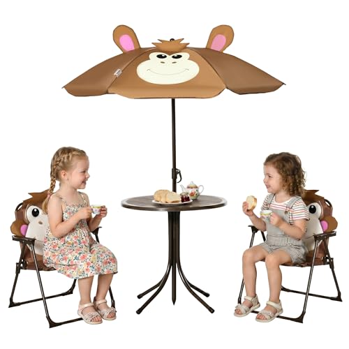 Outsunny Kids Table and Chair Set Picnic Table Umbrella Brown Monkey | Outdoor Folding Garden Furniture, Patio Backyard, Removable & Height Adjustable Sun Umbrella - color: Brown