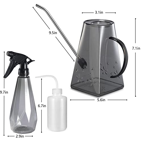 Goowin Watering Can Indoor Plants, 47 oz Long Spout House Plant Flower Watering Can, Creative Wide Opening Plastic Watering Can with 16 oz Spray Bottle & 8.5 oz Squeeze Bottle, Grey - color: Gray