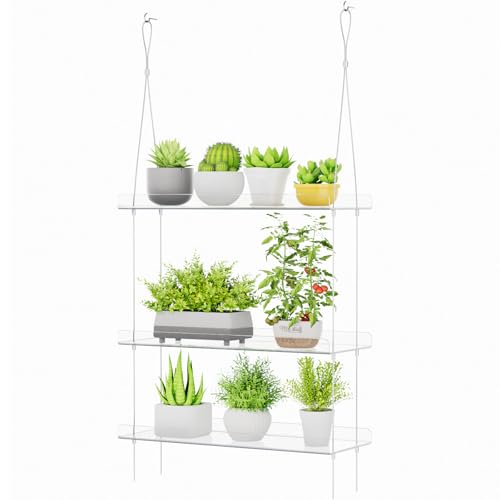Lifewit 3-Tier Window Plant Shelves, 15" Acrylic Adjustable Hanging Shelf | Versatile Hanger for Small Plants or Display Figurines, Window Sill Extender for Micro Greens, Herb Planters & Seedling Pots - size: 3-Tier