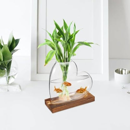 Hydroponic Vase for Indoor Plants with Wooden Base Water Propagation Station Glass Plant Display Terrarium Container