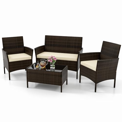 KOTEK 4 Piece Patio Furniture Set, Outdoor Rattan Conversation Set with Loveseat, Wicker Chairs, Tempered Glass Coffee Table, Wicker Patio Set for Backyard, Porch Beige - color: Beige