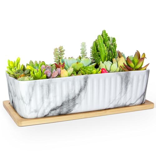 Succulent Pots - 12'' Long Rectangular Planter for Indoor Plants, Shallow Marble Windowsill Planter for Cactus & Bonsai, Ceramic Flower Plant Pots with Drainage Tray Decorative Window Box Planter - color: White & Black