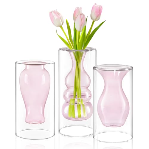 ZENS Unique Small Pink Flower Vase Set of 3, Modern Floating Decorative Vases, Double Hollow Cool Glass Vases, Hand Blown Bud Vases for Home Small Bouquet, Wedding Centerpieces - color: Pink, size: 7 inch tall Vase Set of 3