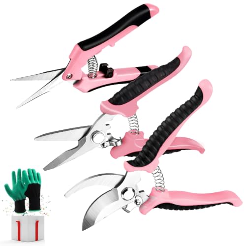 3 Packs Garden Pruning Shears Stainless Steel Blades Handheld Pruners Set with Gardening Gloves(Pink) - color: Pink, size: 3 PCS