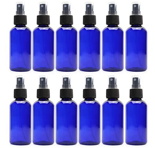 Cornucopia Brands 4oz Blue PLASTIC Fine Mist Spray Bottles (Pack of 12) BPA-Free Plastic Spritzer Bottles, Labels Included; PET #1 Plastic Bottles