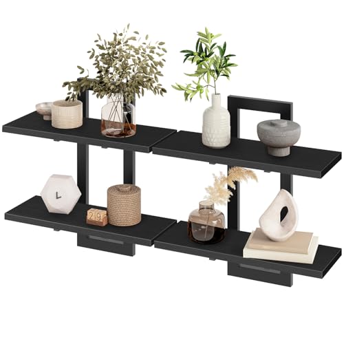 HOOBRO Floating Shelves, 15 Inch Wall Shelf Set of 2, Wall Mounted Storage Shelves 2-Tier, Hanging Bathroom Shelves, for Living Room, Bedroom, Bathroom, Kitchen, Black BK32BJ01 - color: Black